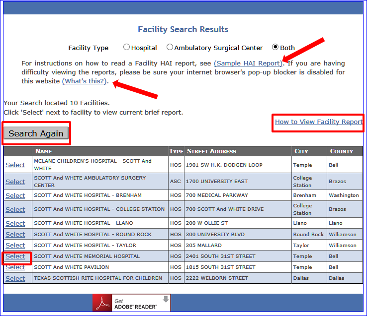 The results of searching for the Facility Name with "Scott".